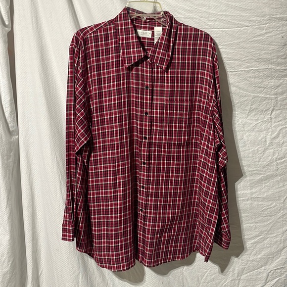 Elizabeth 2x vintage plaid red black white long blouse rayon polyester euc - Picture 1 of 9